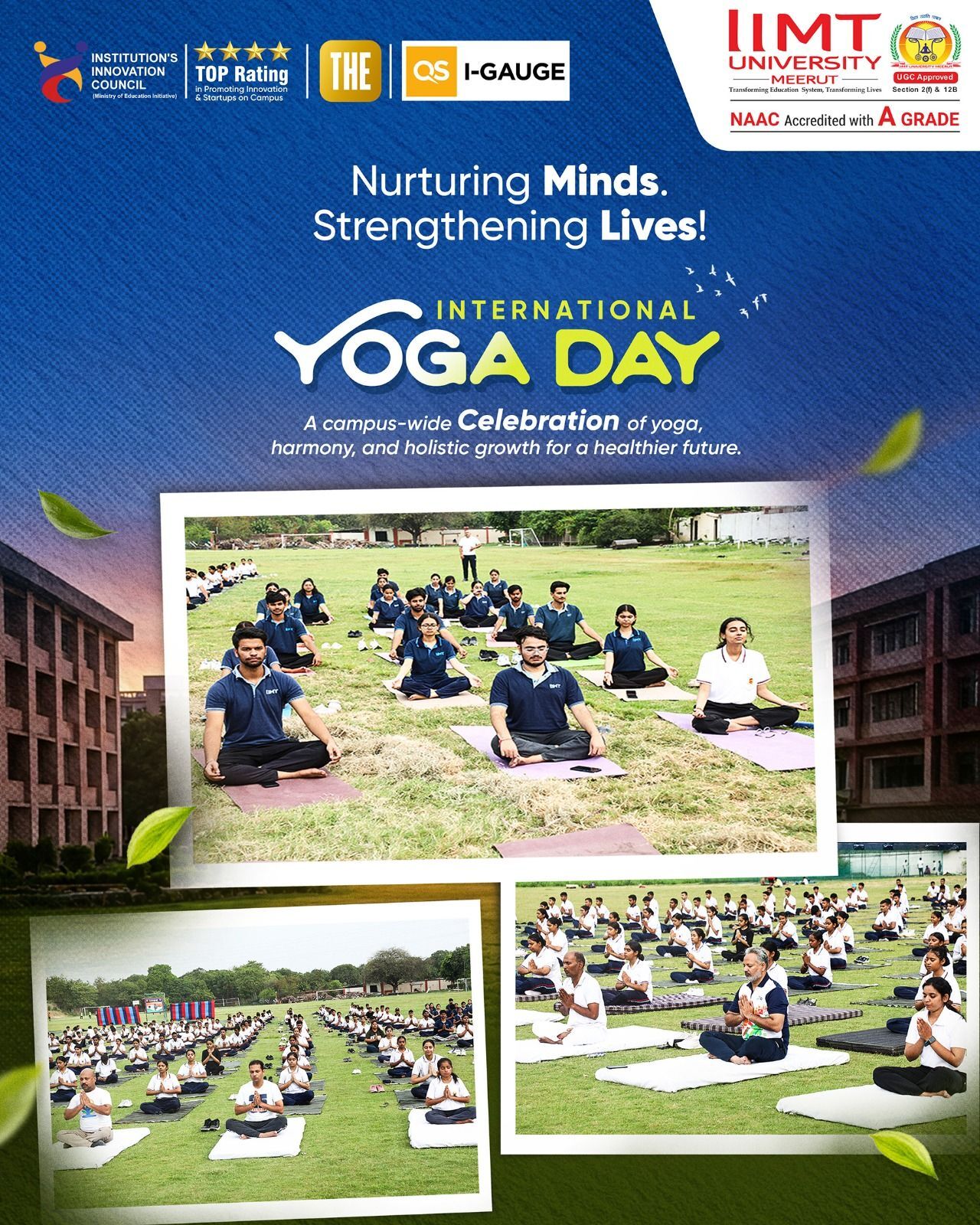 Student practicing yoga in a meditation pose on the IIMT University campus during International Yoga Day, promoting mindfulness, wellness, and healthy living.