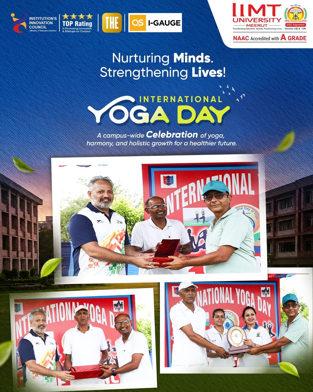 Student practicing yoga in a meditation pose on the IIMT University campus during International Yoga Day, promoting mindfulness, wellness, and healthy living.