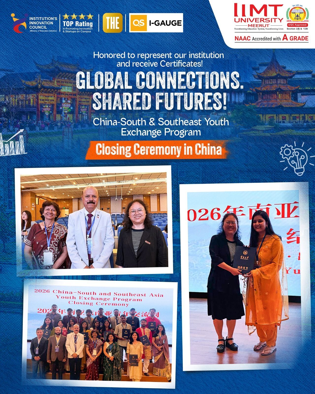 IIMT University students and faculty proudly display certificates during the China-South & Southeast Youth Exchange Program closing ceremony in China, celebrating international collaboration, cultural exchange, and global learning.