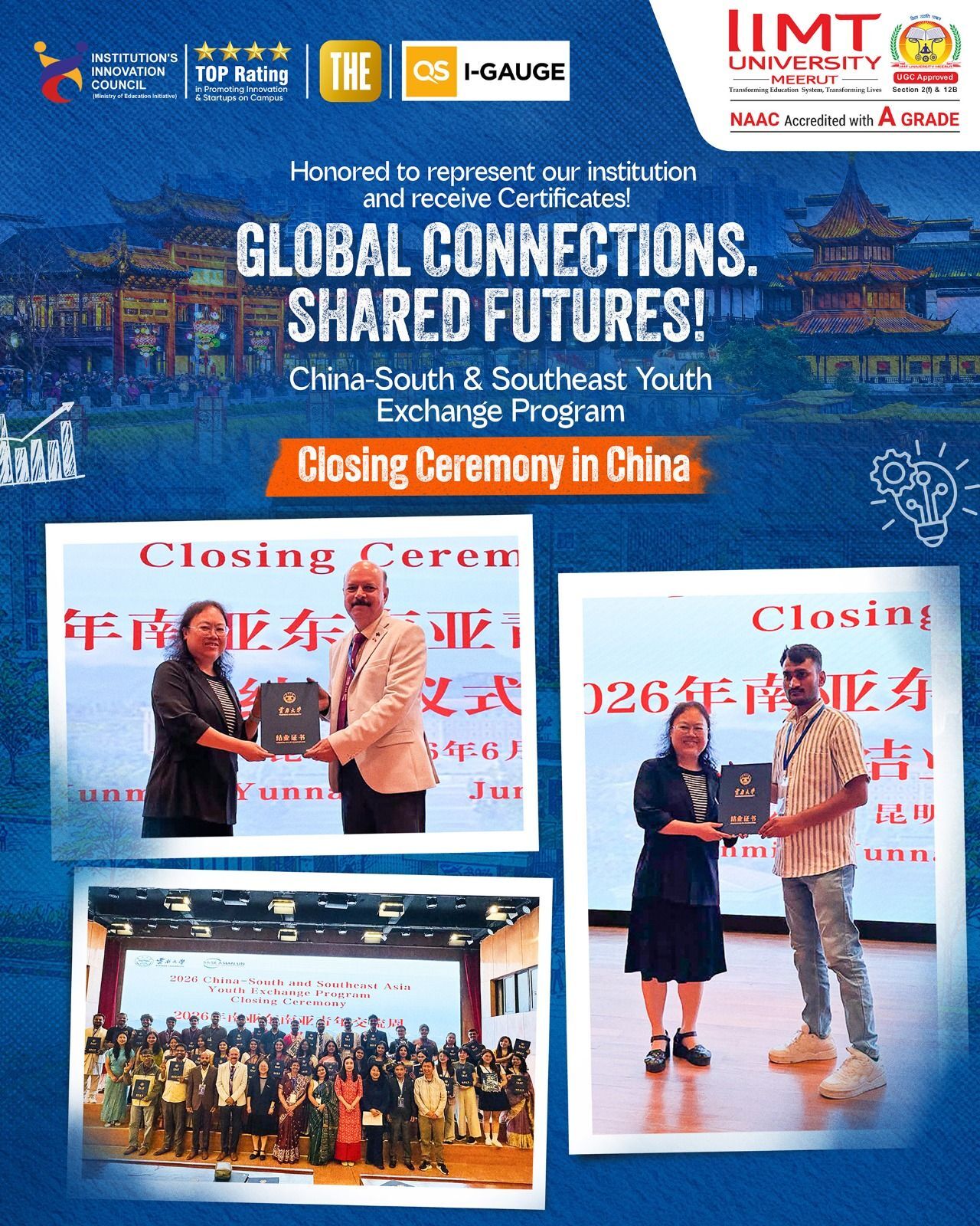 IIMT University representatives receive certificates at the China-South & Southeast Youth Exchange Program in China, highlighting global connections, academic excellence, innovation, and cross-cultural engagement.