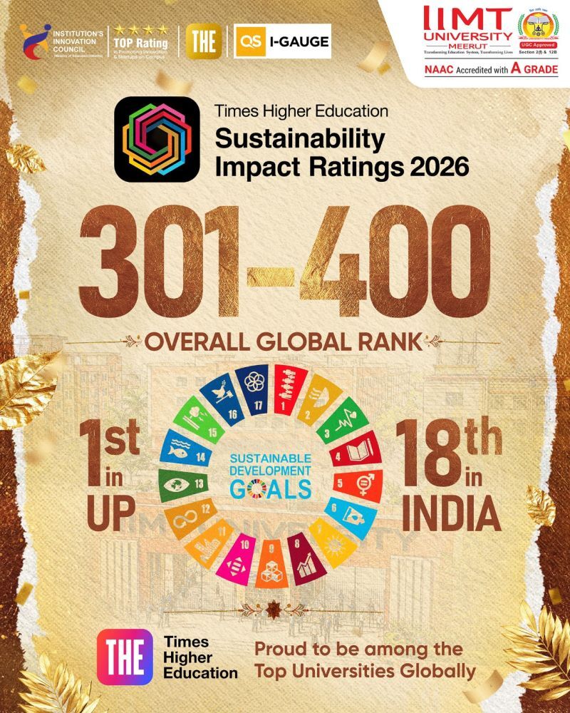 IIMT University achieves Global Rank 301–400 in THE Sustainability Impact Rankings 2026, ranks among the Top 18 Universities in India, and secures the #1 position in Uttar Pradesh for sustainability and academic excellence.