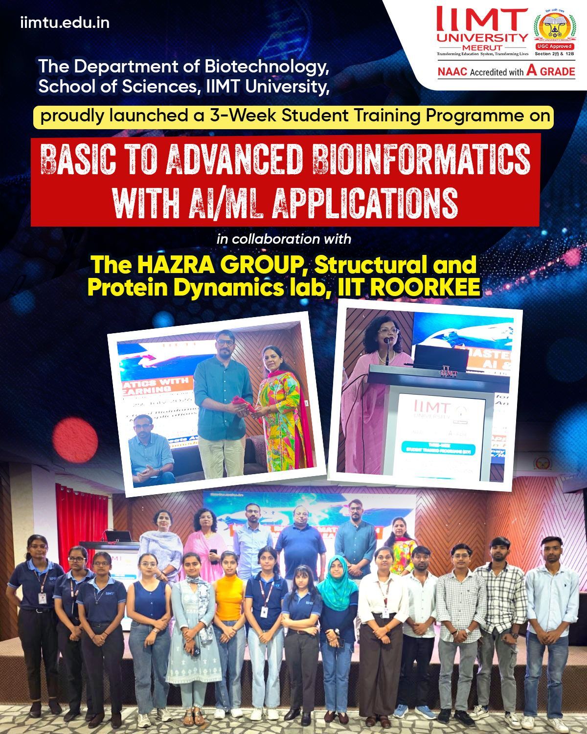 Students attending the inauguration of the 3-Week Bioinformatics with AI & ML Applications Training Programme organized by the Department of Biotechnology at IIMT University in collaboration with IIT Roorkee.