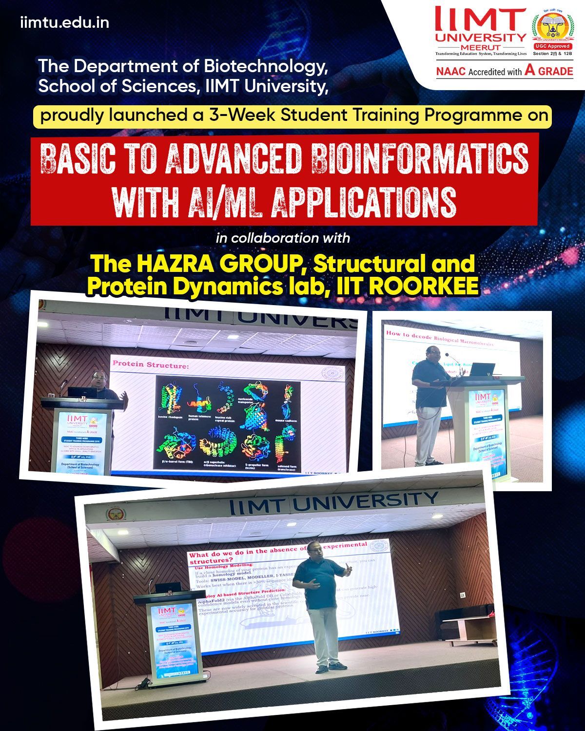 Faculty members and students participating in the Advanced Bioinformatics and Artificial Intelligence training programme at IIMT University, featuring hands-on learning in computational biology, genomics, and machine learning applications.