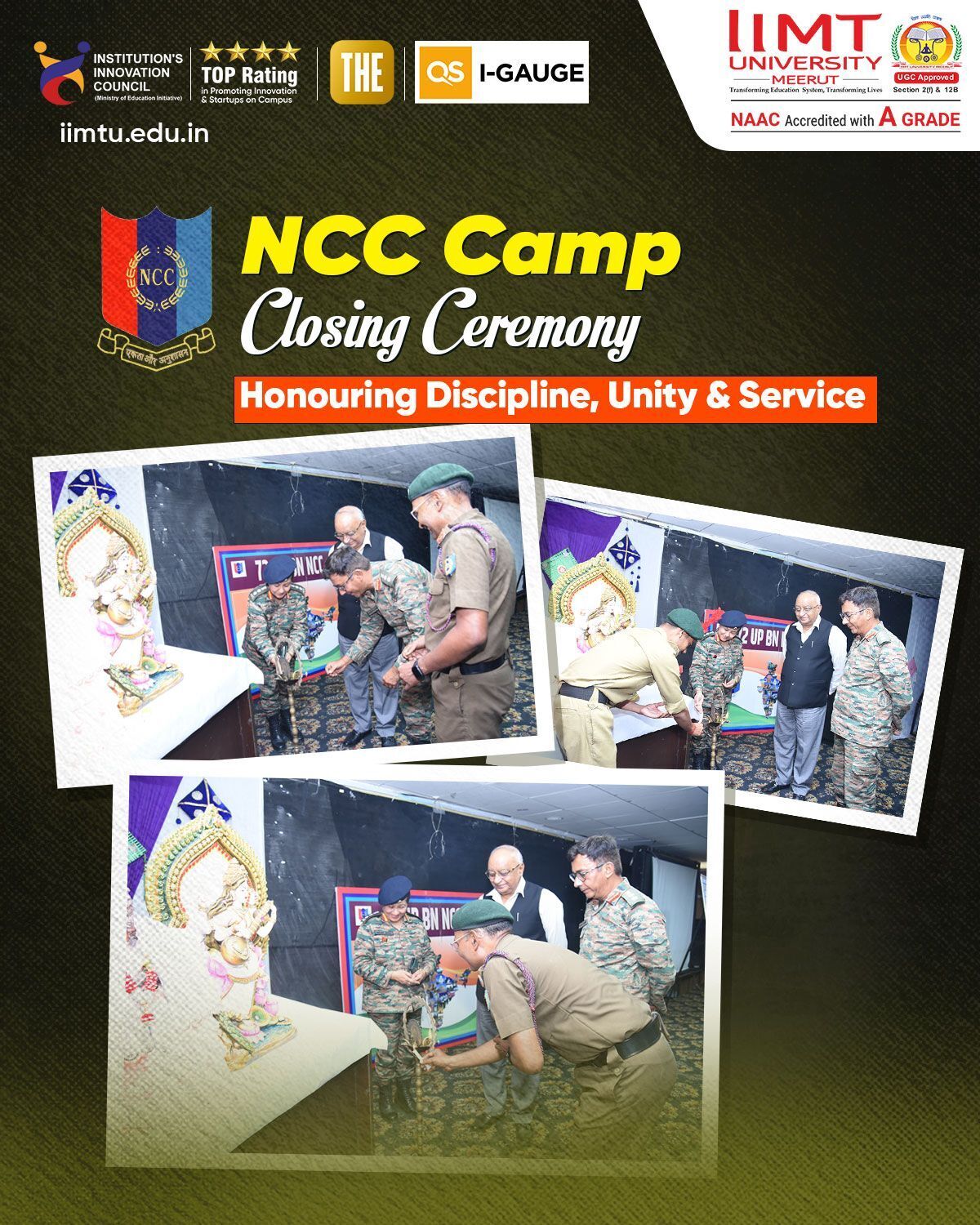 NCC cadets participating in the NCC Camp Closing Ceremony during the final parade, showcasing discipline, leadership, unity, and patriotism.