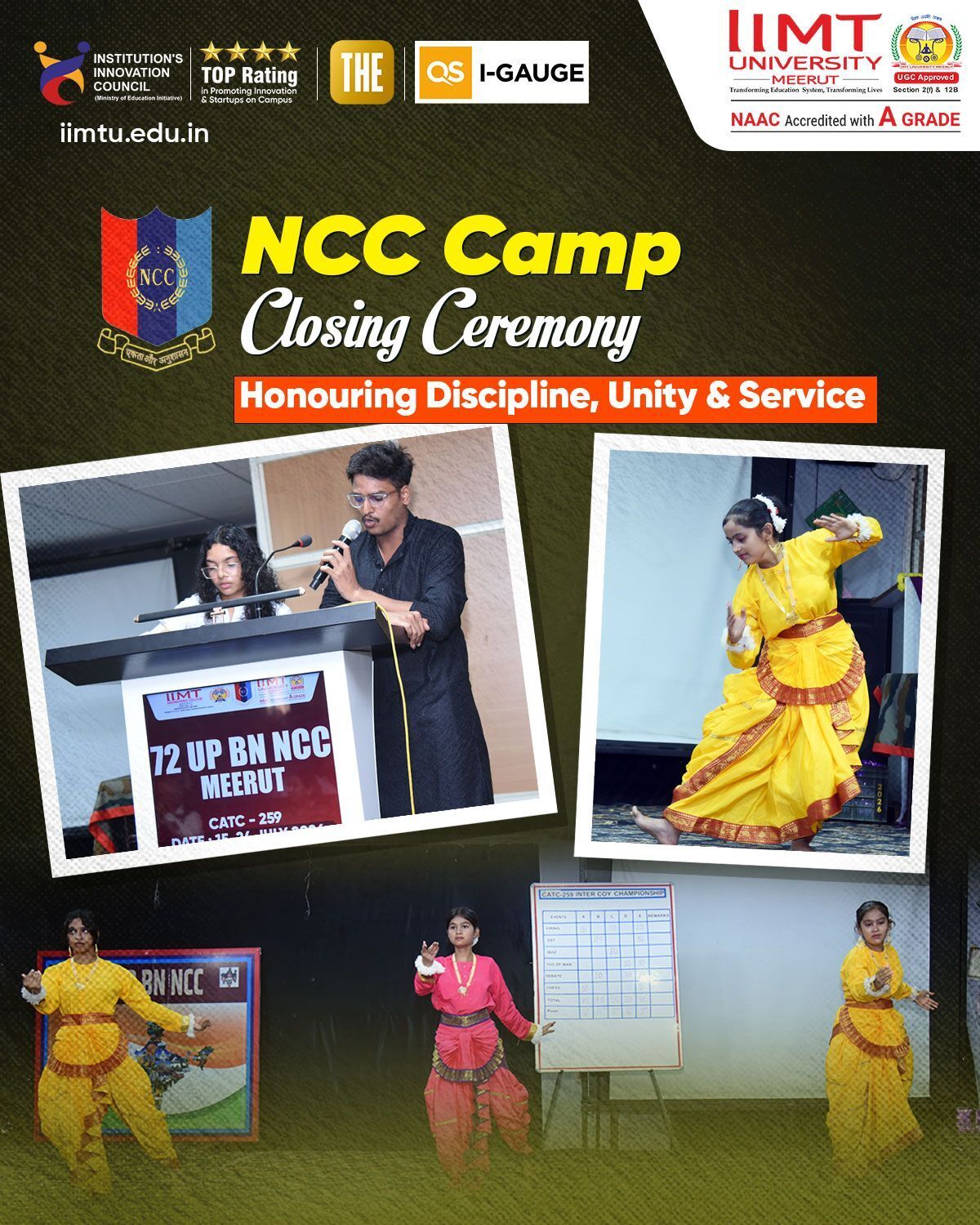 NCC Camp Closing Ceremony with cadets, officers, and guests celebrating successful camp completion, honoring discipline, selfless service, and national pride.