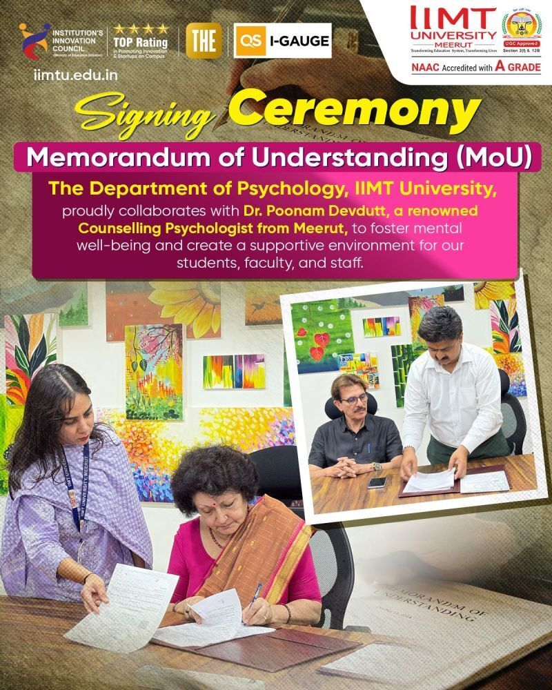 IIMT University signs an MoU with renowned psychologist Dr. Poonam Devdutt to promote mental health, counseling services, and emotional well-being for students, faculty, and staff under SDG 3 – Good Health and Well-Being.