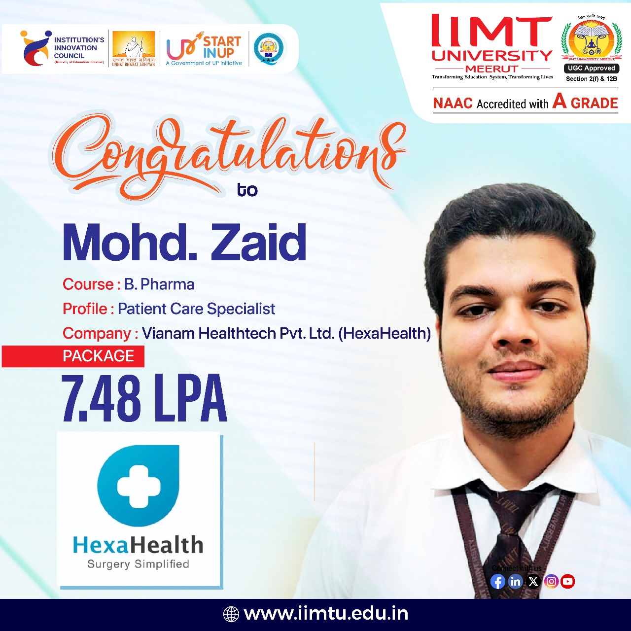 IIMT University congratulating Mohd. Zaid, a B.Pharma graduate, on securing a Patient Care Specialist position at Vianam Healthtech Pvt. Ltd. (HexaHealth) with a package of 7.48 LPA.
