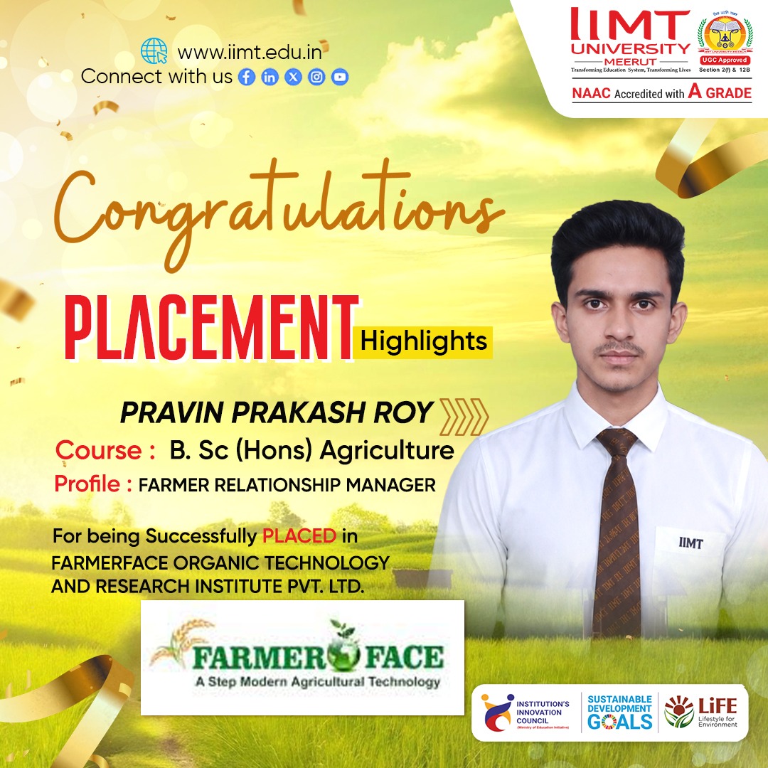 IIMT University students successfully placed at Farmer Face through campus recruitment, highlighting career opportunities and industry collaboration.