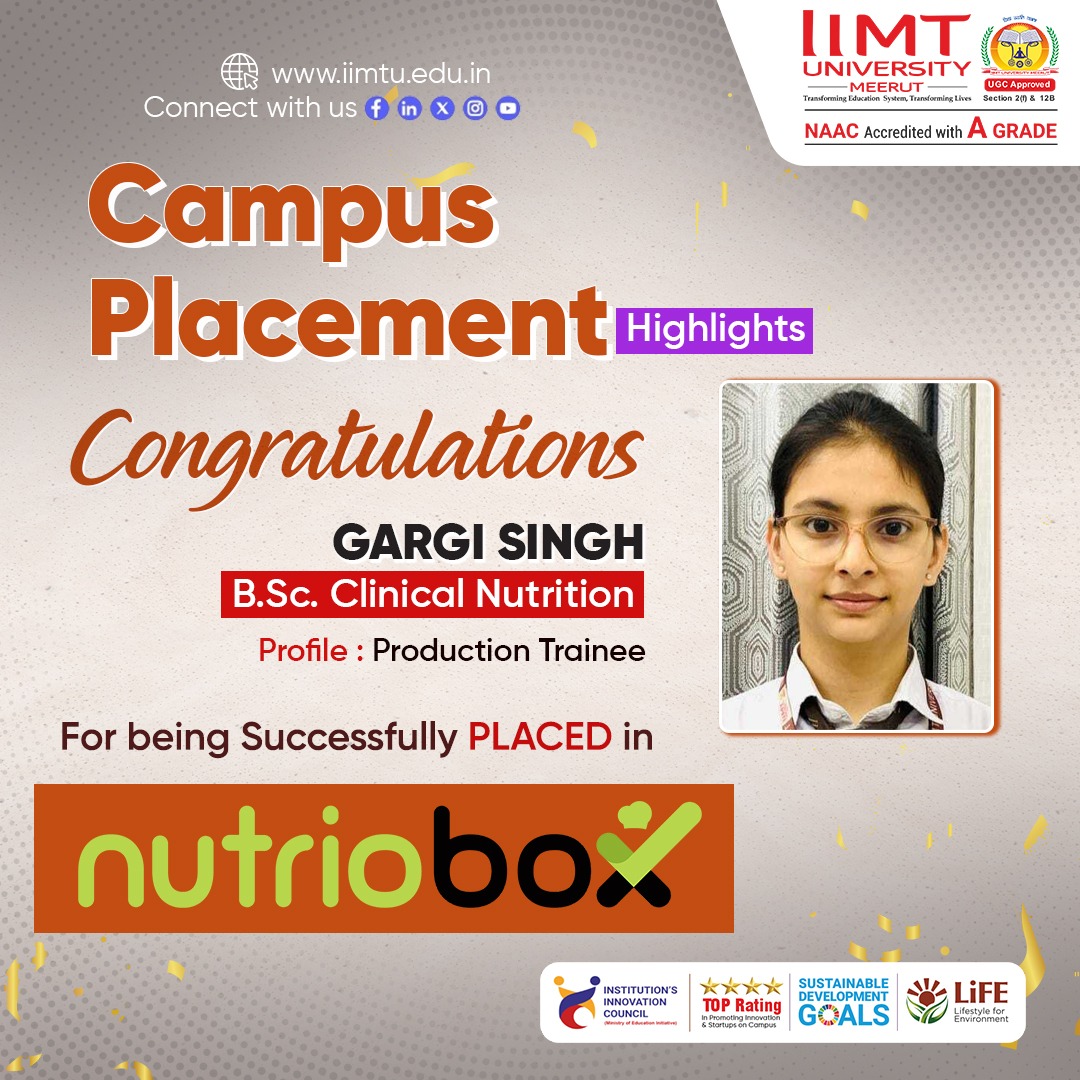 IIMT University students successfully placed at Nutrio Box through campus recruitment, showcasing career growth opportunities and strong industry connections.
