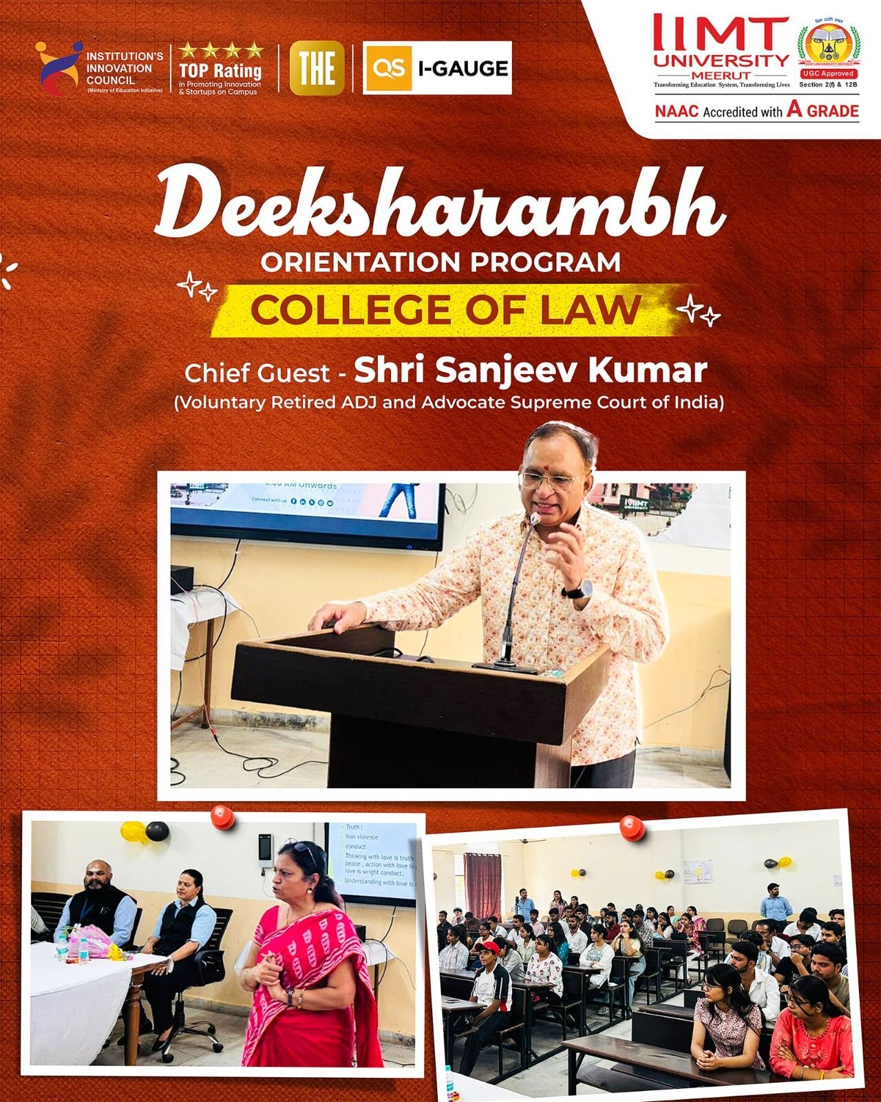 Deeksharambh Orientation Programme at IIMT University College of Law with Shri Sanjeev Kumar addressing law students.