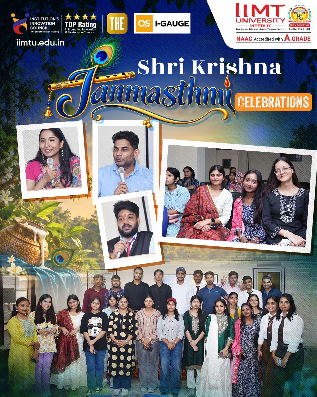Students participating in the vibrant Krishna Janmashtami celebration at IIMT University with traditional decorations and festive colours.