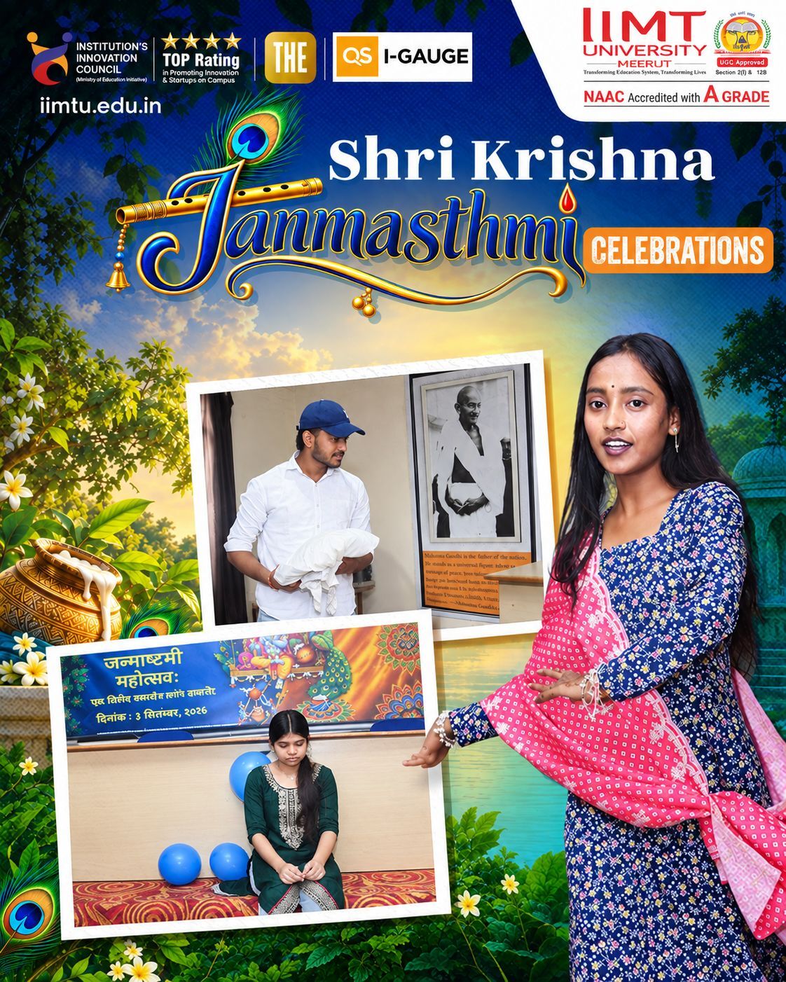 Beautiful glimpses of Krishna Janmashtami celebrations at IIMT University featuring cultural performances and devotional moments.