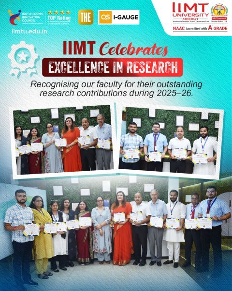 IIMT University faculty members felicitated for outstanding contributions to research, innovation, and academic excellence during 2025–26.