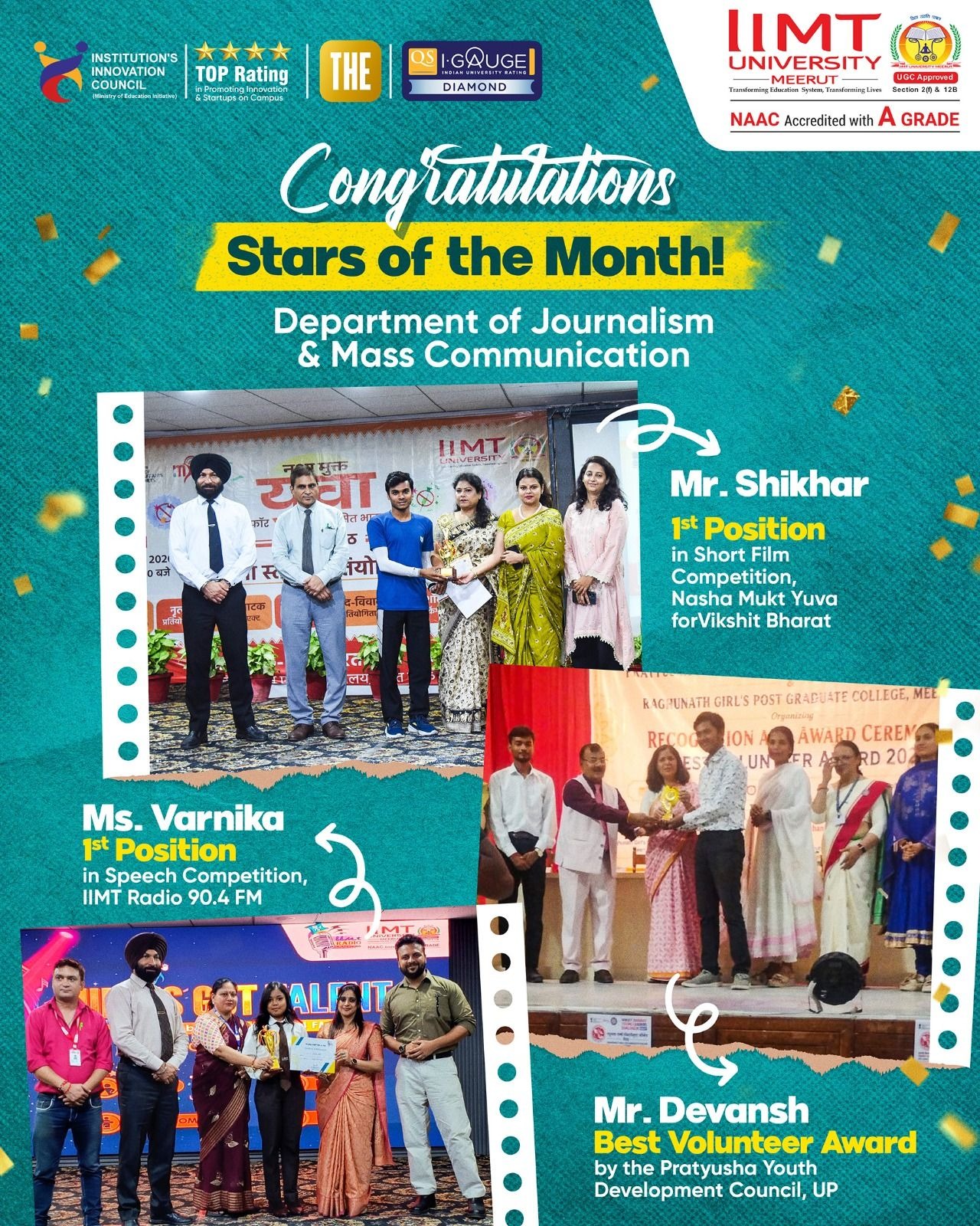 IIMT University Journalism and Mass Communication students Shikhar, Varnika and Devansh celebrating achievements in short film, speech competition and community volunteering.