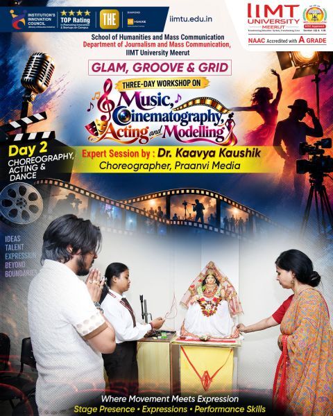 Dr. Kaavya Kaushik sharing insights during the IIMT University workshop on music, cinematography, acting and modelling.