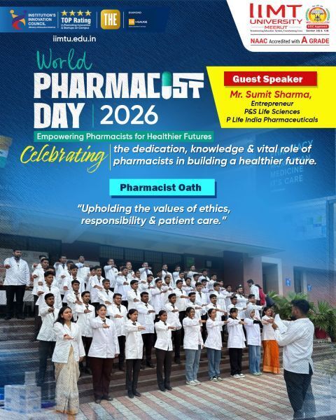 IIMT University pharmacy students participating in the Pharmacist Oath ceremony and Nukkad Natak to promote healthcare awareness and patient safety.