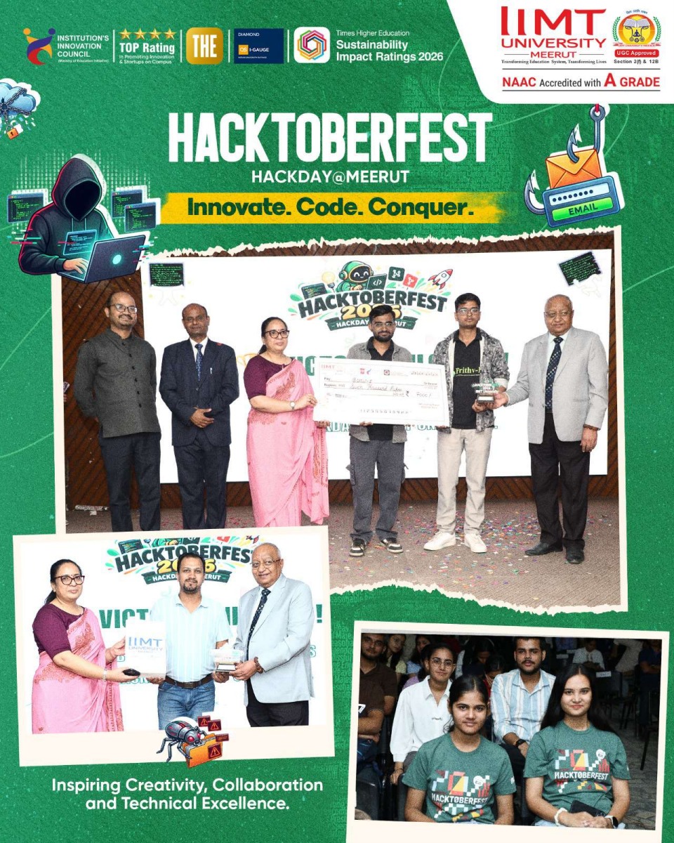Glimpses of Hacktoberfest 2026 at IIMT University, highlighting student achievements, technological exploration, and innovation.
